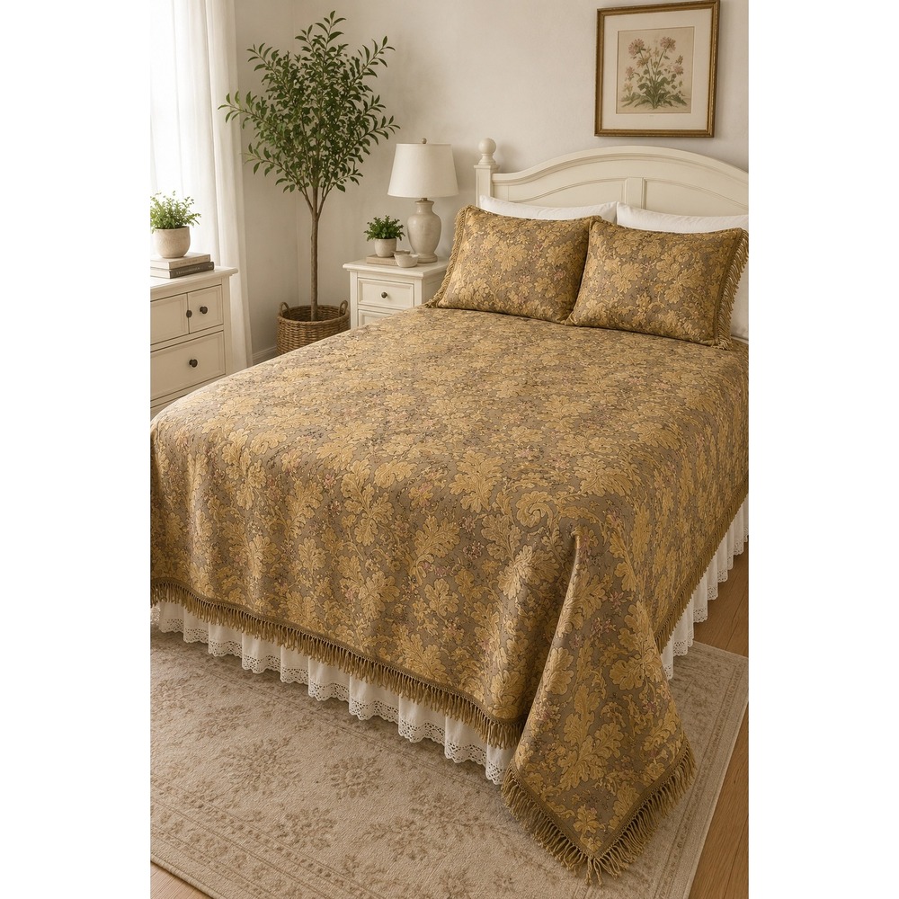 Vintage Gold Floral Tapestry Bedspread Cottage Victorian French Country Throw